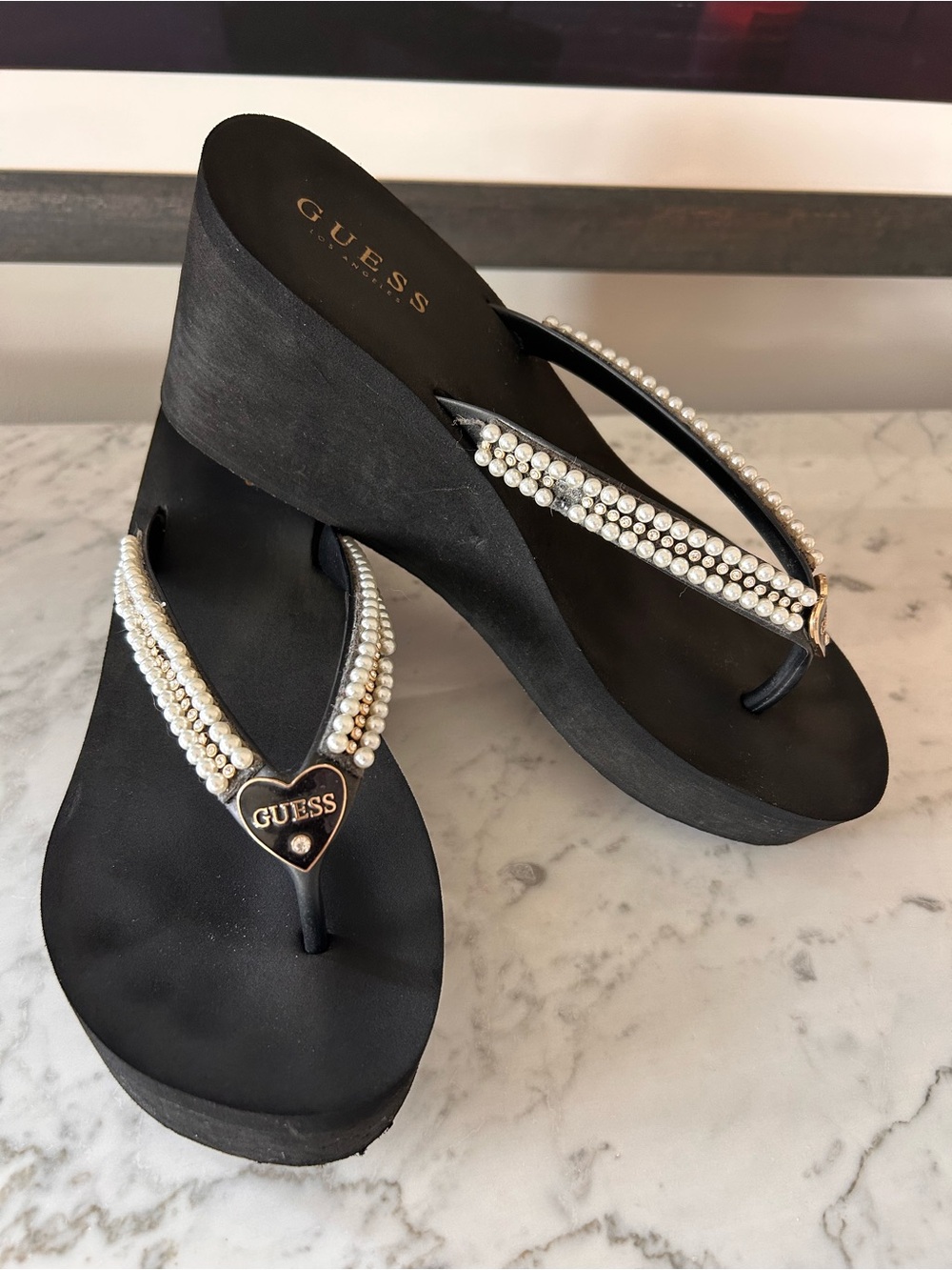 GUESS Black Flip Flops wedges with Pearl-Embellished Straps